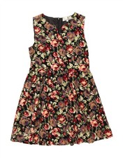 VINTAGE Womens Sleeveless A-Line Dress UK 12 Medium Black Floral Polyester BI02