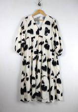 SHEIN Womens Dress Sz L Cream Black 3/4 Sleeve V Neck Knee Length Fall Tiered