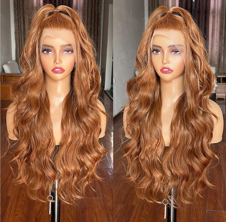 Peluca larga HD transparente de encaje frontal castaño rojizo rojo rubio cabello humano rizos ondulados Foto 2 de 4