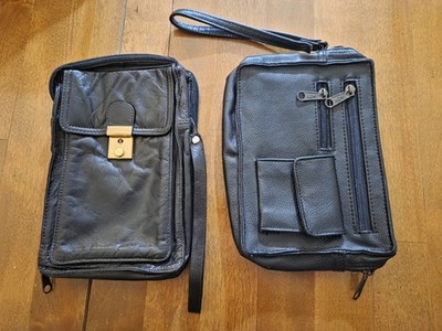 Lot of 2 Vintage Black Leather Bags Organizer Wristlet Multi Pocket ANCH & KW