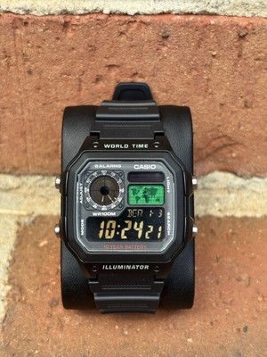 Custom Casio AE1200 Royale Mod Negative Display Green Map Black Stealth Watch