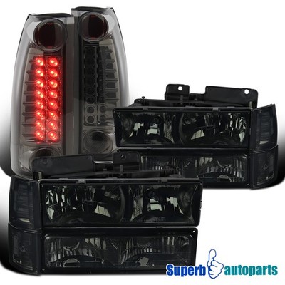 Fits 1994-1998 GMC Sierra Smoke Headlights Bumper Lights+LED Tail Lights