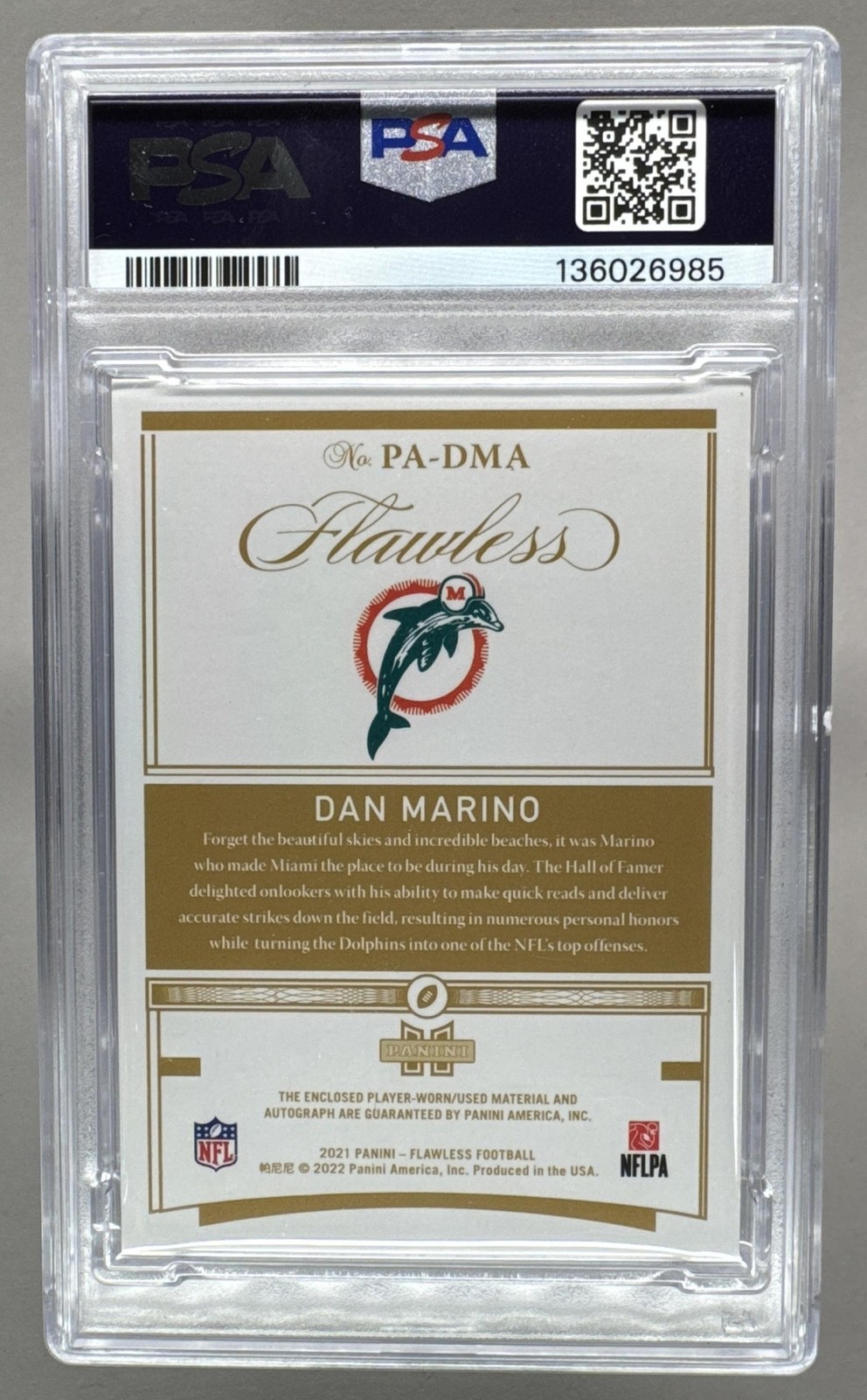Dan Marino 2021 Panini Flawless #PA-DMA Emerald Patch Auto 3/5 PSA 8 view 2