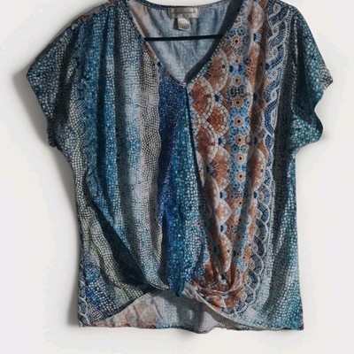 Christopher & Banks Women's Blouse L V-Neck Short Sleeve Geometric Pullover Blue