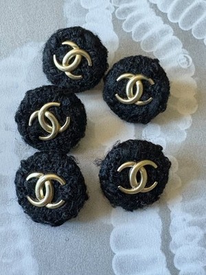 Set of 5 Chanel Black Felt and Gold CC Buttons Vintage 20mm