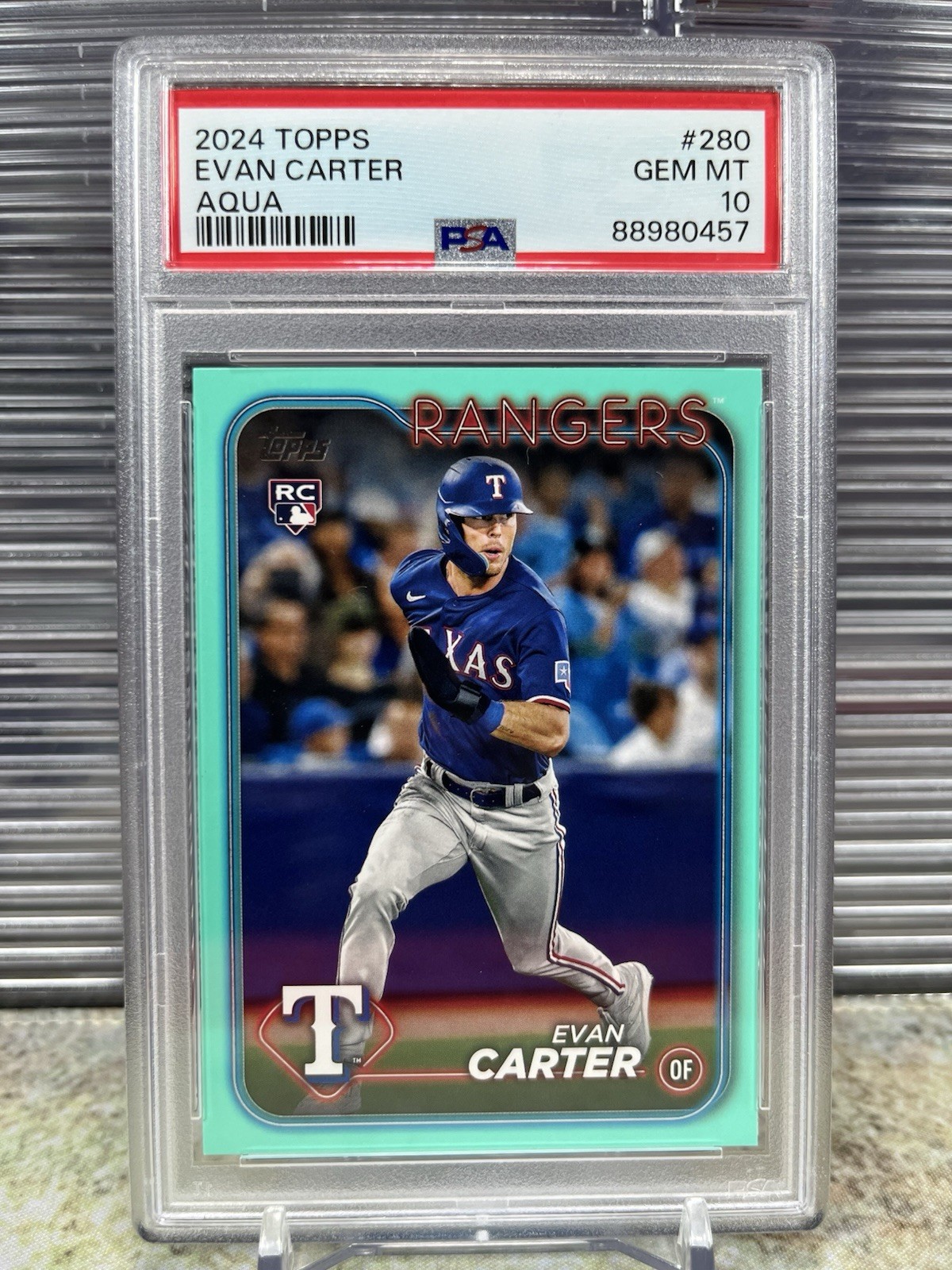 2024 Topps #280 Evan Carter RC Aqua PSA 10 Texas Rangers