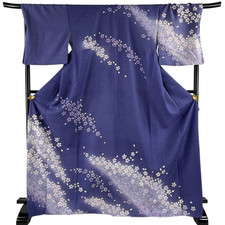 Vintage Japanese Silk Kimono Robe Blue Purple Sakura Silver Accents