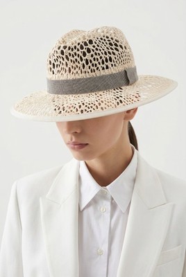 BRUNELLO CUCINELLI WOMEN'S BEIGE OPENWORK WOVEN HAT MSRP $1870