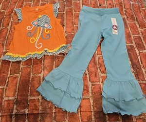 Khaki Girls Jellyfish Tunic Top & Ruffle Bell Bottom Pants Set Sz 5 Orange Blue