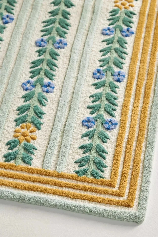 Handmade Wool Tufted Rug Cottage Striped Floral Green Country Style Rug - Image 3 of 3