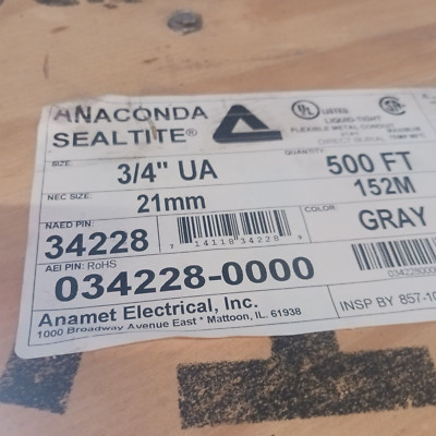 Anaconda 34228 #3/4 UA Flexible Steel Liquid Tight Electrical Conduit U.S.A. 25'