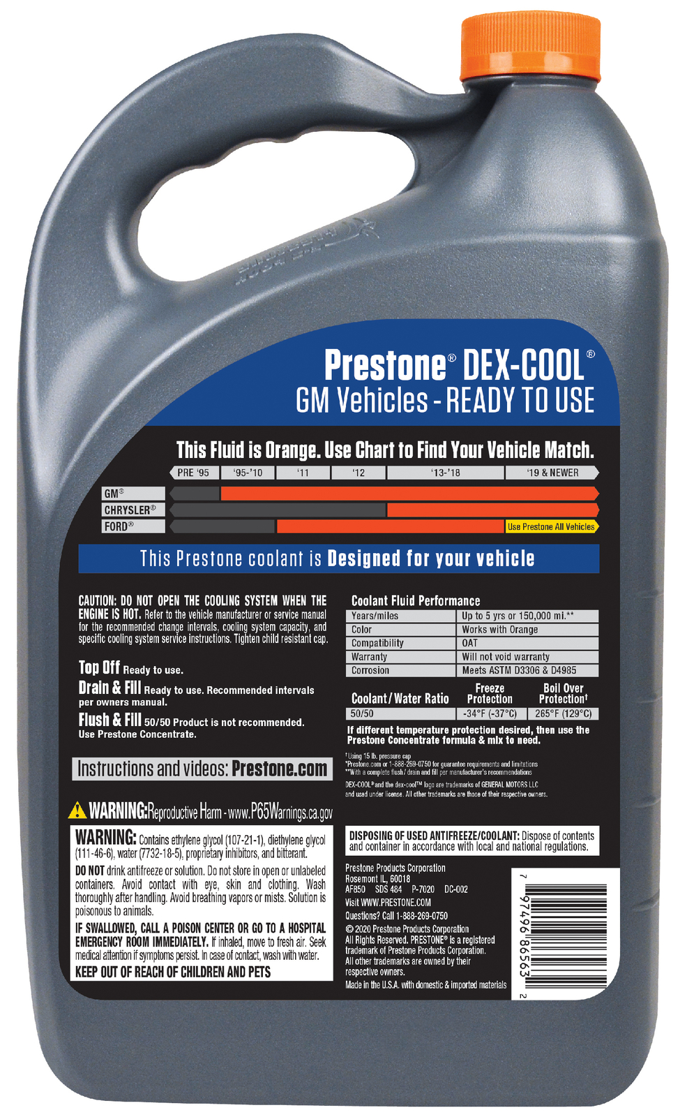 Prestone DEXCOOL Antifreeze+Coolant; Extended Life 1 Gal Ready to Use, 50/50 797496865632 eBay