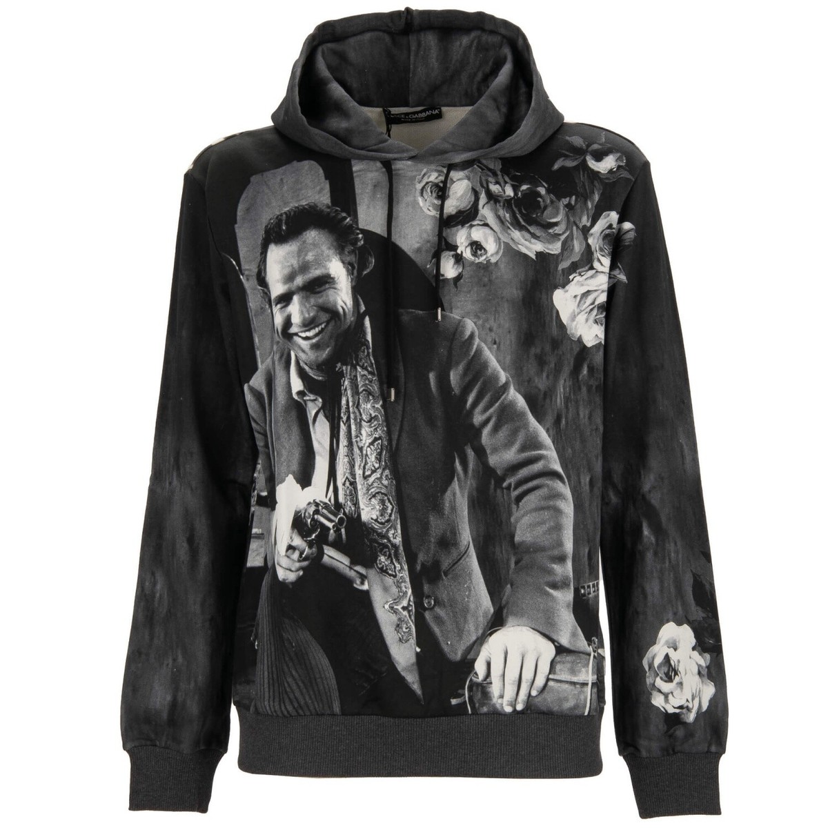 DOLCE & GABBANA Marlon Brando Roses Gun Hoodie Sweater Black White
