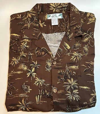 NWOT Two Palms Rayon Hawaiian Shirt Button Down Tropical Icons Brown Size XL