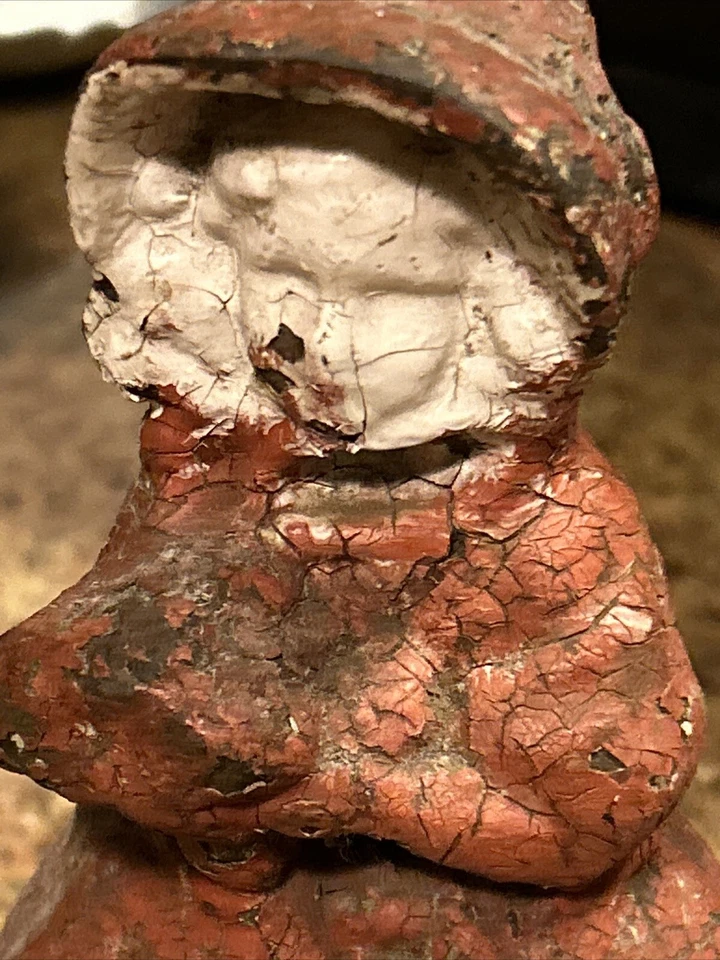 ANTIQUE FIGURAL CAST IRON DOORSTOP WOMAN HOLDING FLOWERS Original Paint - Image 3 of 4