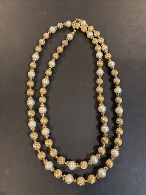 RARE CHRISTIAN DIOR SIGNED GOLD BEAD FAUX PEARL RHINSTONES LONG NECKLACE 