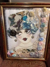 SHABBY CHIC COLLAGE—Framed Fabric Collage Wall Hanging Appliqué Young Lady