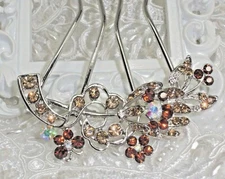 3D Smoked Topaz Austrian Crystal Hair Fork Stick Pin for ponytails & up do's