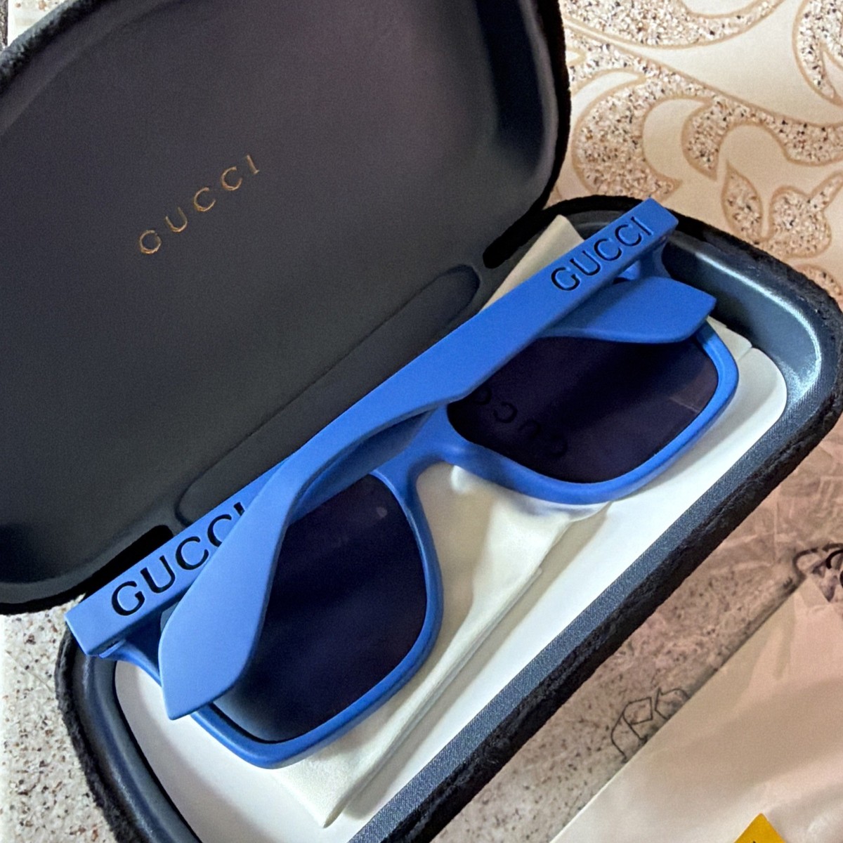 GUCCI 1570 Blue Gold Mirror GG Logo Print Sport Aviator Gg1570S
