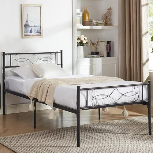 14 Inch Twin Metal Platform Bed Frame with Sturdy Steel Slat Support and Headboard  