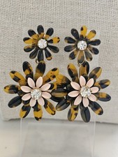 Beautiful J. CREW Flower Dangle EARRINGS Tortoise Pink Enamel Rhinestone