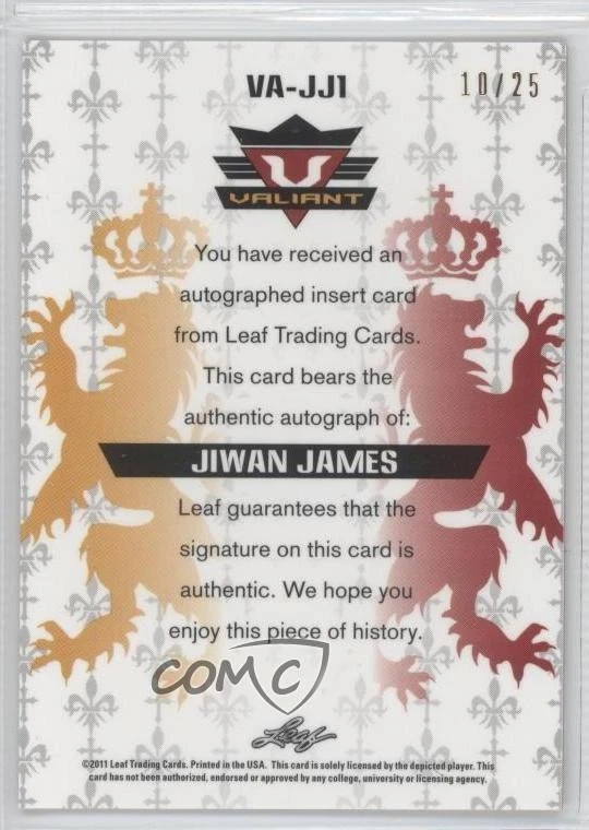 2011 Leaf Valiant Orange /25 Jiwan James #VA-JJ1 Auto - Image 2 of 2