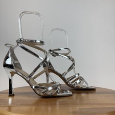 Womens Nina Devyn Silver Faux Patent Leather Strappy High Heeled Sandals Size 7