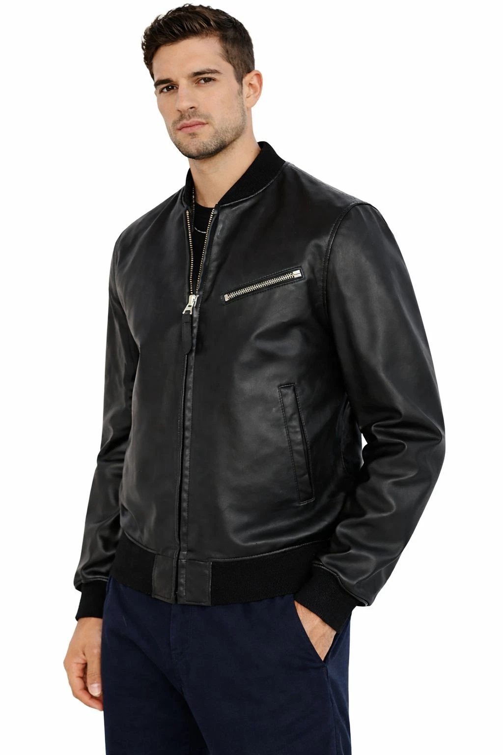 Giorgio Men’s Real Sheepskin Leather Jacket Black Zip Bomber Jacket
