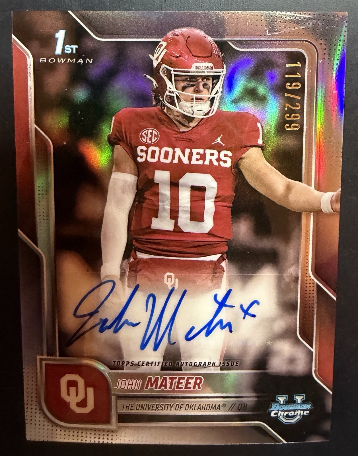 2025 JOHN MATEER 1st Bowman Chrome University REFRACTOR Auto /299 Oklahoma