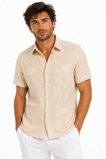 BOHIO Men's 100 Irish Linen Short Sleeve Guayabera Shirt Classic 4 Pocket