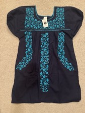 Handmade Mexican Embroidered Dress Navy Blue Teal Floral Oaxaca Style Sz S NWT