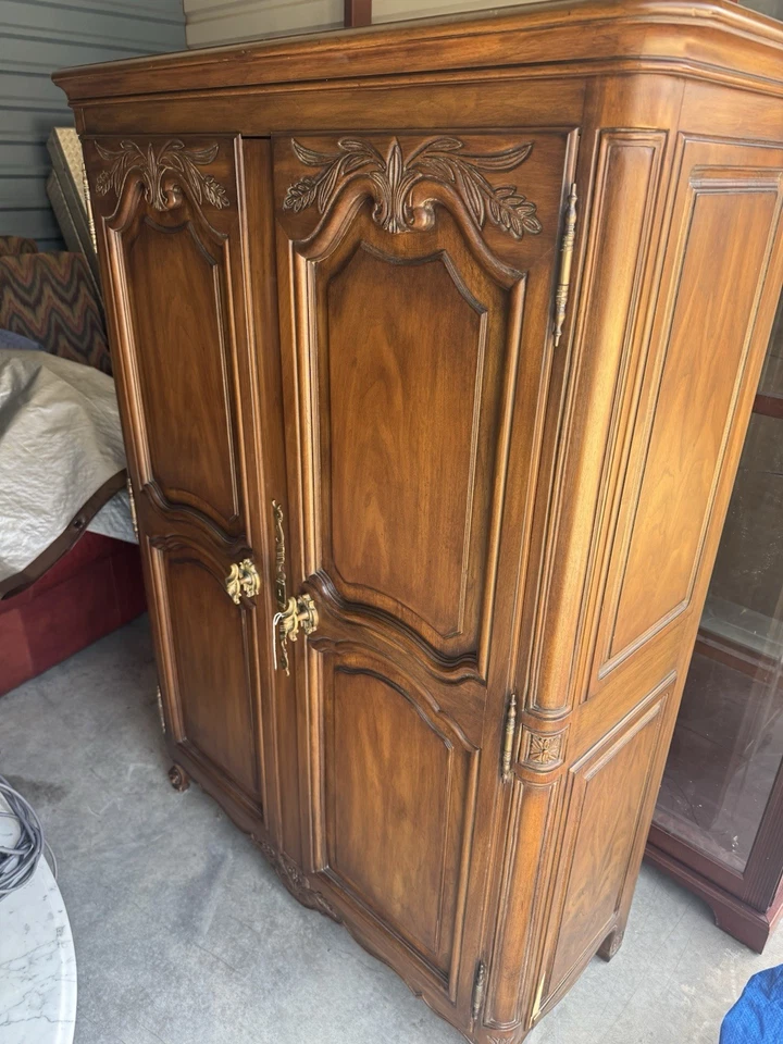 Country French Vintage Carved Walnut Armoire Closet, Karges 64x 45x18 - Image 3 of 4