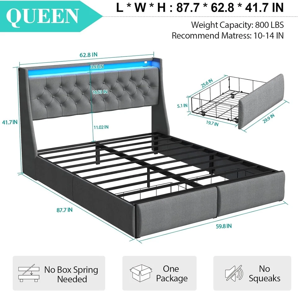 大号床架带床头板和2个储物抽屉,内饰翼背 — 第 2/4 张图片