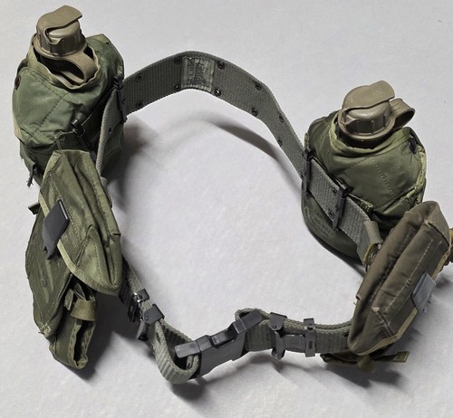 US Military Webbing Utility Belt with 2 Canteens and 2 Pouches READ!