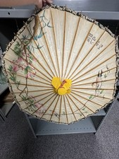 VTG Antique Japanese Wagasa Paper Parasol Bamboo Umbrella HandPainted Birds EUC