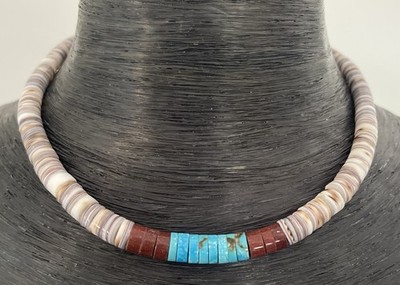 Native American Turquoise Heishi Shell Silver Beads Rolled Beads Necklace