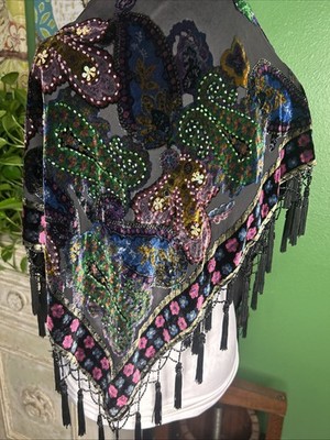Coldwater Creek Burnout Velvet Shawl w Beading & Tassle Trim Boho Y2K
