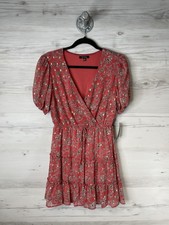 City Studio Dress Juniors Medium Red Floral Wrap Puff Sleeve Boho Sundress