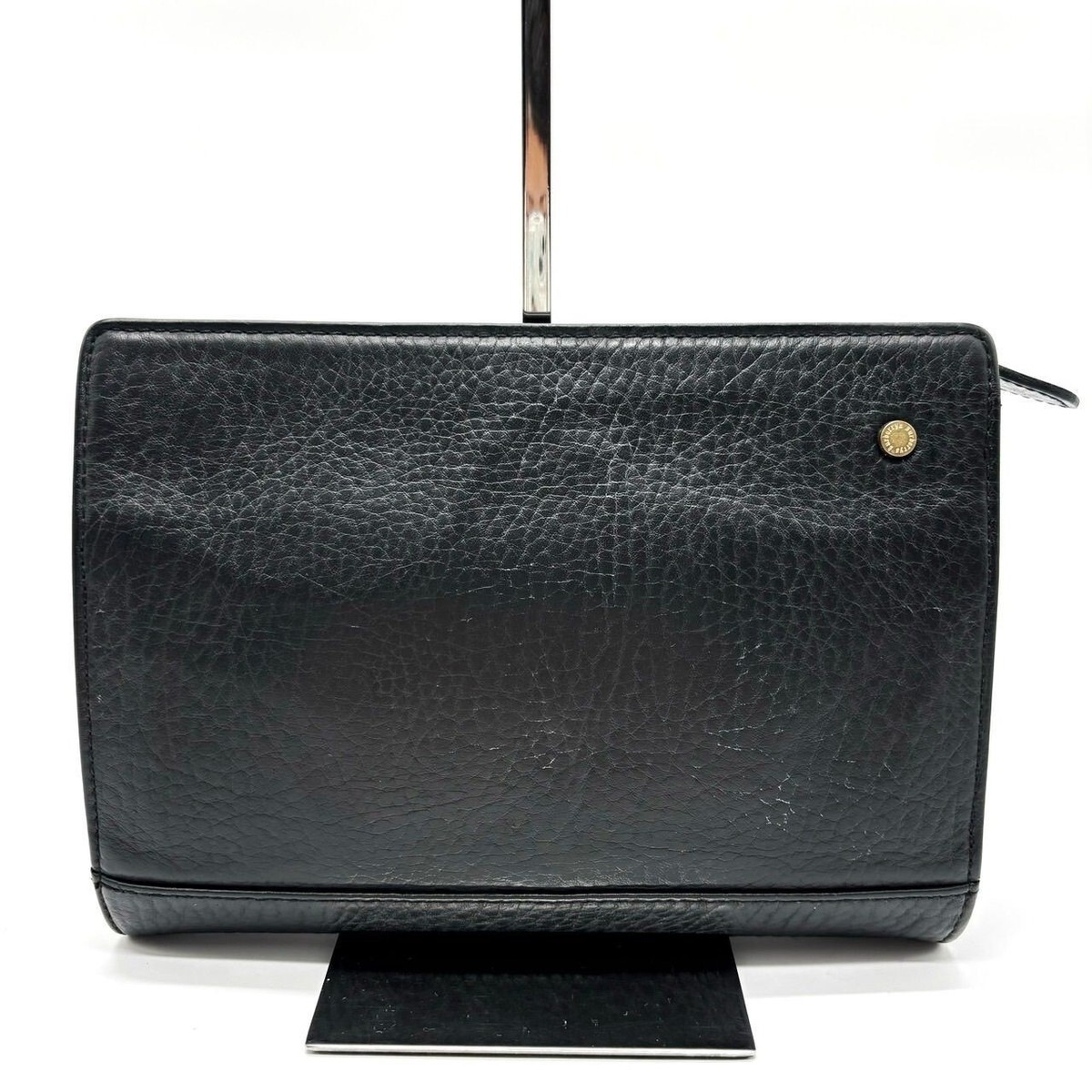 BURBERRY Leather Pouch Clutch Bag horse logo zip Black fashion