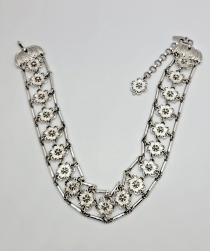 VINTAGE SILVER TONE FLOWER DESIGN CHOKER TYPE NECKLACE MARKED MONET 14"