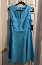 Chaps Gingham Check Plaid Blue White Sleeveless Fit Flare Stretchy Dress 16 NWT