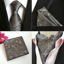 Men Dark Gray Paisley Floral Tie Cravat Ascot Hanky Pocket Square Set Lot