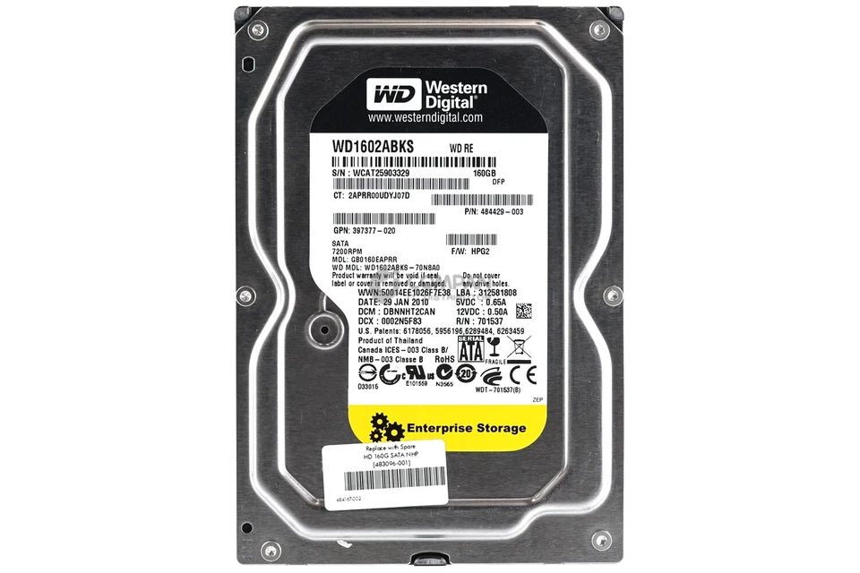 483096-001 HP HARD DRIVE 160GB 7.2K SATA 3G 3.5 LFF WD1602ABKS, 484429-003 - Image 3 of 4