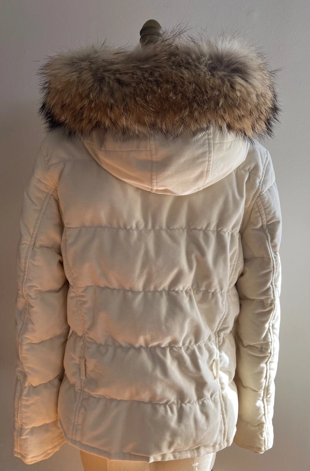 OFF WHITE Piumino donna Theory Off White con cappuccio pelliccia di procione M L tasche zip