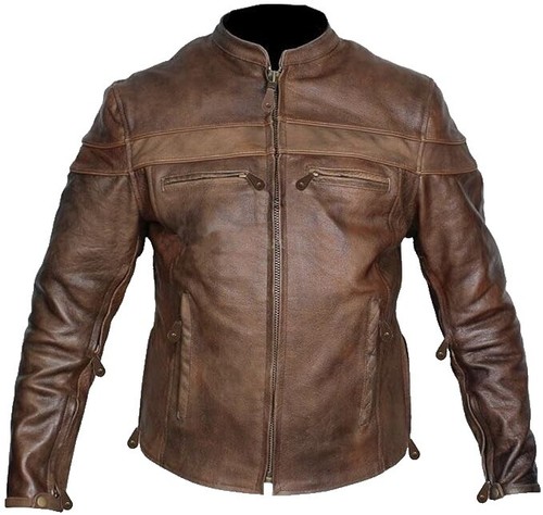 Mens Brown Buffalo Hide Leather Motorcycle Racer Jacket Concealed