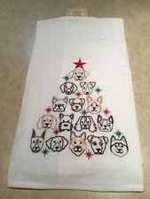 C & F  Dog Puppy Faces Christmas Tree Flour Sack Kitchen Towel Embroidered - NEW