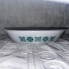 Vintage USA Glassbake J-2352 Oval Milk White Divided Teal Snowflake Casserole