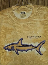 Vintage 1998 Sea World Orlando Shark Xl Mens Brown TieDyed Graphic Logo Tshirt 