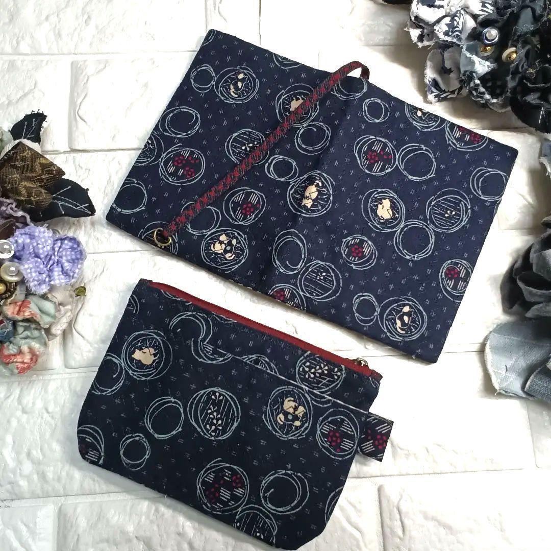 Wagara Kasuri Neko Hobonichi Techo Cover Matching Pattern Zipper Pouch Set With