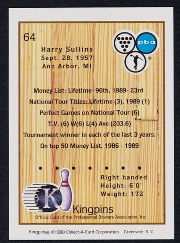 Harry Sullins signierte 1990 Kingpins PBA Bowling Karte #64 - beschriftet USBC HOF 2016 - Bild 2 von 2